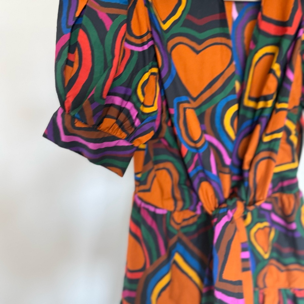 Farm Rio Anthropologie Heart Print Tie Front Mini Dress XS Puff Sleeve - Picture 5 of 8